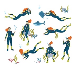 Collection of gorgeous redhead female scuba diver swimming in sea with fish and underwater animals. Bundle of beautiful woman diving in ocean. Colorful vector illustration in flat cartoon style