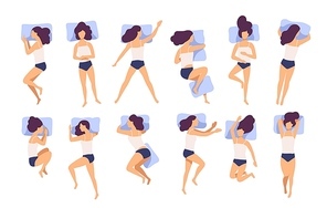 Collection of young woman sleeping in bed in various poses. Set of female cartoon character lying in different postures during night slumber. Top view. Colorful vector illustration in flat style