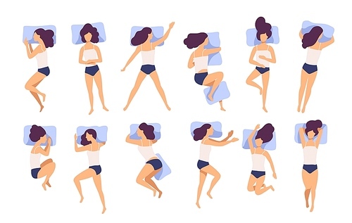 Collection of young woman sleeping in bed in various poses. Set of female cartoon character lying in different postures during night slumber. Top view. Colorful vector illustration in flat style