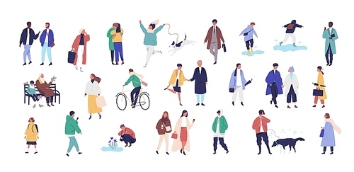 Crowd of tiny people dressed in seasonal clothes or outerwear walking on street and performing spring outdoor activities. Group of funny men, women and children. Flat cartoon vector illustration