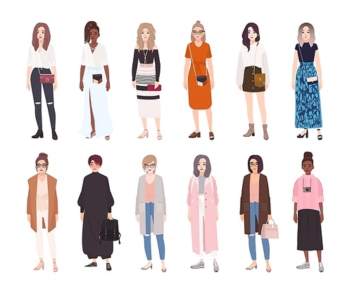 Collection of young women dressed in trendy clothes isolated on white . Set of girls wearing stylish apparel. Bundle of street style outfits. Flat cartoon colorful vector illustration