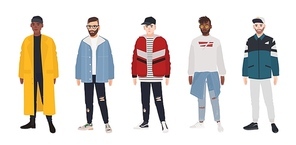 Collection of young men dressed in fashionable clothes isolated on white . Set of guys wearing trendy apparel. Bundle of street style outfits. Flat cartoon colored vector illustration