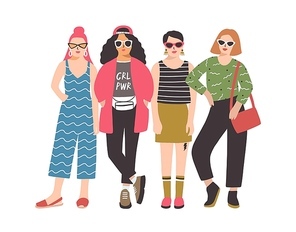 Four young women or girls wearing stylish clothing standing together. Group of female friend, feminists or feminism activists. Cartoon characters isolated on white background. Vector illustration.
