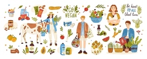 Collection of organic eco vegan products - natural cosmetics, vegetables, fruits, berries, tofu, nut butter, soy and coconut milk. Urban gardening and farming set. Flat cartoon vector illustration