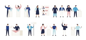 Political election process set. Bundle of people putting ballots in box at polling station, choosing candidate or voting, politicians taking part in debate, agitators. Isometric vector illustration