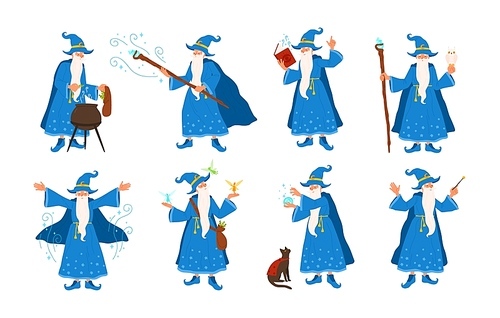 Collection of old wizard making magic isolated on white . Bundle of elderly sorcerers or fairytale magicians practicing wizardry. Colorful vector illustration in flat cartoon style