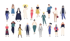 Women's world. Crowd of girls dressed in trendy casual and formal clothes. Collection of female cartoon characters isolated on white . Colorful vector illustration in modern flat style