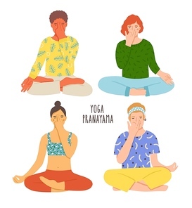 Collection of people sitting with crossed legs on floor and performing yoga breathing exercise. Girls and boys with closed eyes practicing Pranayama. Colorful vector illustration in flat cartoon style