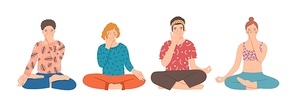 Group of people sitting cross-legged on floor and performing yoga breathing exercise. Young men and women practicing Pranayama and meditating. Colorful vector illustration in flat cartoon style