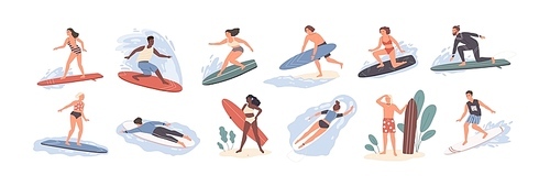 Collection of cute funny people in swimwear surfing in sea or ocean. Bundle of happy surfers in beachwear with surfboards isolated on white . Colorful flat cartoon vector illustration