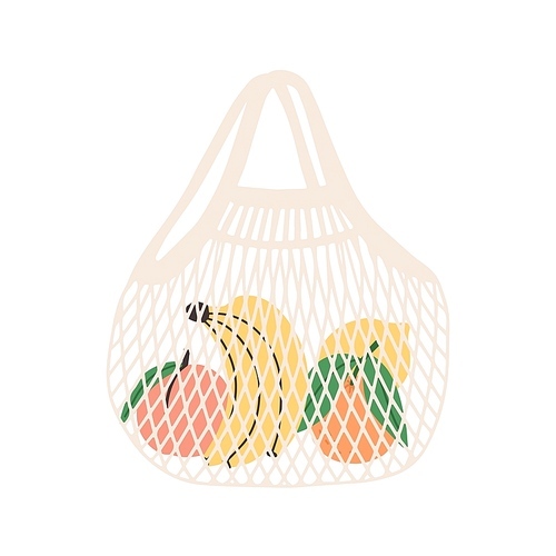 Mesh or net bag full of fruits isolated on white . Modern shopper with fresh organic bananas, peaches, oranges and lemons from local market. Vector illustration in flat cartoon style