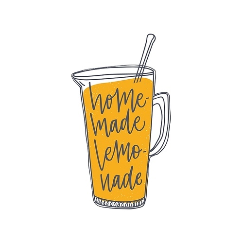 Homemade Lemonade inscription or phrase handwritten with elegant cursive calligraphic font on jug or pitcher. Fresh sweet organic soft drink, delicious summer beverage. Hand drawn vector illustration