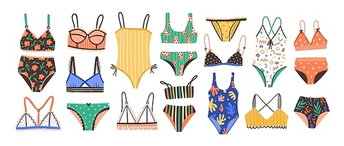 Collection of stylish women's lingerie and swimwear isolated on white . Set of fashionable underwear and swimsuits or bikini tops and bottoms. Flat cartoon colorful vector illustration