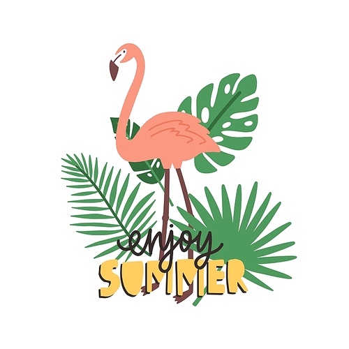 Enjoy Summer slogan handwritten with calligraphic font and decorated by flamingo and exotic tropical foliage. Funky typographic composition isolated on white . Flat vector illustration