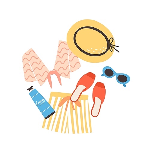 Modern summer composition with beachwear, sunglasses and sunscreen. Elegant stylish seasonal clothes and sunblock cream isolated on white . Flat cartoon colorful vector illustration