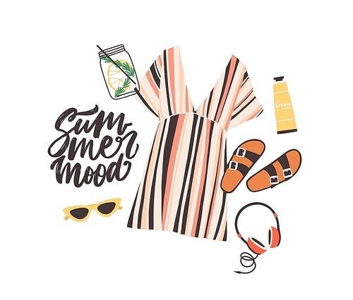 Seasonal composition with Summer Mood slogan and elegant stylish beachwear, sunglasses, cocktail, headphones and sunscreen cream on white background. Flat cartoon colorful vector illustration