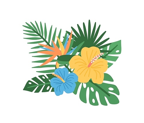 Elegant natural composition with blooming tropical flowers and exotic palm tree leaves isolated on white , Floral decorative design element. Flat cartoon colorful vector illustration
