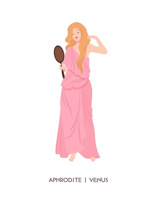 Aphrodite or Venus - goddess of love and beauty, deity or mythological maiden holding mirror. Mythology and religion of ancient Greece and Rome. Colorful vector illustration in flat cartoon style