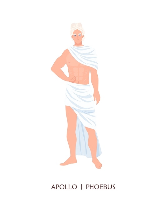 Apollo or Phoebus - god or deity of art, sun and healing in Greek and Roman religion and mythology. Cute male character isolated on white . Flat cartoon colorful vector illustration