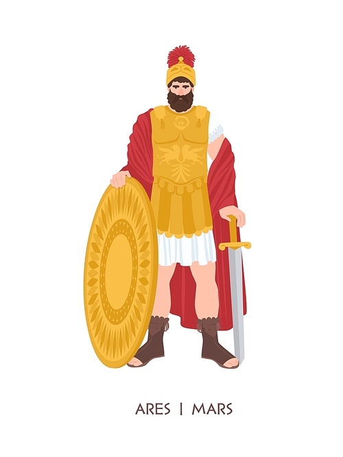 Ares or Mars - Olympian god or deity of war in Greek and Roman religion and mythology. Male character wearing armor and helmet isolated on white . Flat cartoon colorful vector illustration