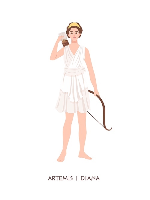 Artemis or Diana - goddess or deity of hunt, Moon and chastity in Greek and Roman pantheon. Young mythical woman with bow and arrows isolated on white . Flat cartoon vector illustration
