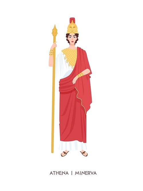 Athene or Minerva - ancient Greek or Roman goddess associated with wisdom, handicraft and warfare. Young mythical female warrior isolated on white . Flat cartoon vector illustration