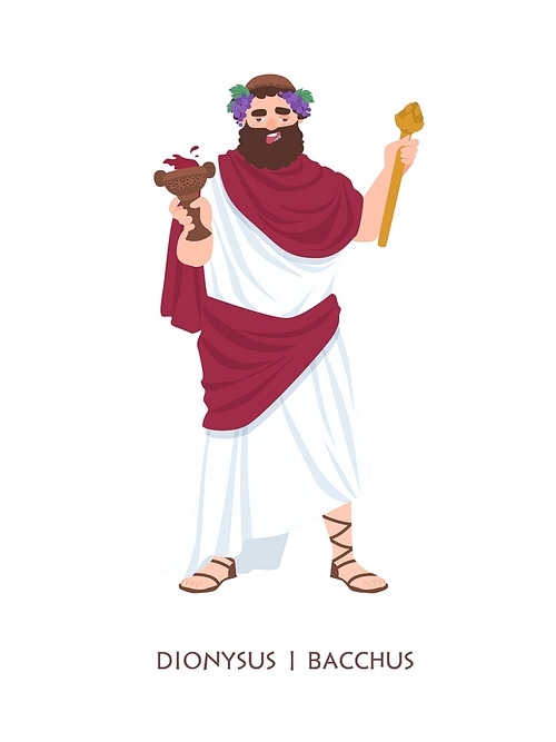 Dionysus or Bacchus - god or deity of wine, winemaking and fertility in ancient Greek and Roman religion or mythology. Mythological character isolated on white . Cartoon vector illustration
