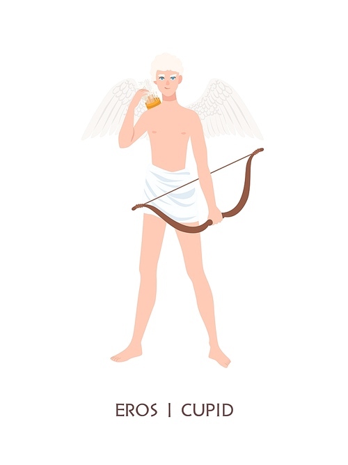 Eros or Cupid - god or deity of love and passion in ancient Greek and Roman religion or mythology. Cute boy with wings, arrows and bow isolated on white . Flat cartoon vector illustration