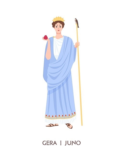 Hera or Juno - goddess of women, marriage, family and childbirth in ancient Greek and Roman religion or mythology. Female cartoon character isolated on white . Flat vector illustration