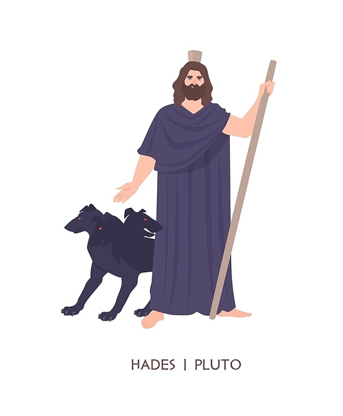 Hades or Pluto - god of dead, king of underworld in ancient Greek and Roman religion or mythology. Male cartoon character isolated on white . Flat cartoon colorful vector illustration