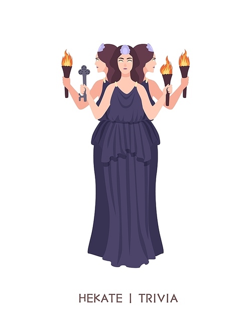 Hekate or Trivia - goddess of witchcraft, sorcery and magic in ancient Greek and Roman religion or mythology. Female mythical character holding key and torch. Flat cartoon vector illustration