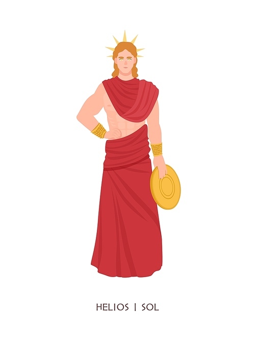 Helios or Sol - Olympian god or deity of Sun in Greek and Roman religion and mythology. Male character wearing radiant solar crown isolated on white . Flat cartoon vector illustration