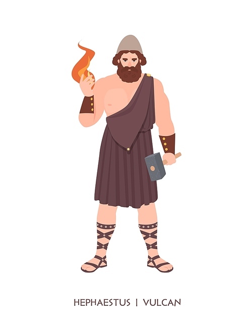 Hephaestus or Vulcan - god or deity of blacksmiths, craftsmen and metalworking of Greek and Roman pantheon. Male mythological character holding fire and hammer. Flat cartoon vector illustration