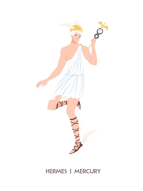 Hermes or Mercury - deity of trade, commerce and merchants of Greek and Roman pantheon, messenger of Olympian gods. Male mythical character wearing winged helmet. Flat cartoon vector illustration