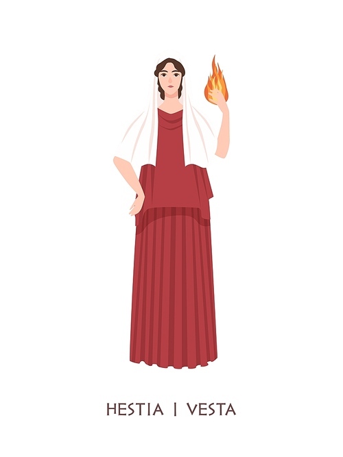 Hestia or Vesta - deity or virgin goddess of hearth, home, domesticity, family from ancient Greek and Roman religion. Female mythological character holding fire. Flat cartoon vector illustration