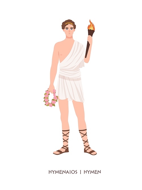 Hymenaios or Hymen - god or deity of marriage ceremonies and weddings from Hellenistic religion or mythology. Male mythological character holding wreath and torch. Flat cartoon vector illustration