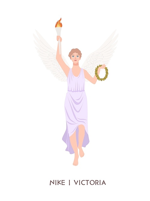 Nike or Victoria - deity or goddess of victory from ancient Greek and Roman religion or mythology. Female mythological character with wings holding torch and wreath. Flat cartoon vector illustration