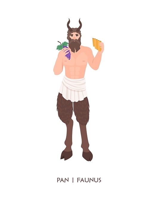 Pan or Faunus - god or deity of shepherds and fertility from ancient Greek and Roman religion. Male mythological creature with horns holding flute and grapes. Flat cartoon vector illustration