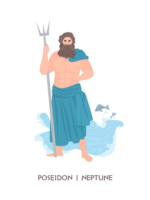 Poseidon or Neptune - Olympian god or deity of sea and seafare from ancient Greek and Roman religion and myth. Male mythological character with beard and trident. Flat cartoon vector illustration