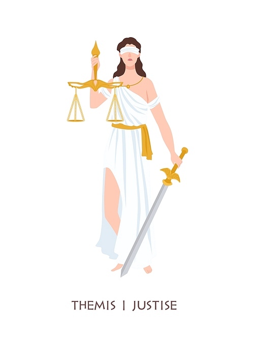 Themis or Justice - goddess of order, fairness, law from ancient Hellenic myths. Greek and Roman legendary female character with blindfold, sword, balance scales. Flat cartoon vector illustration