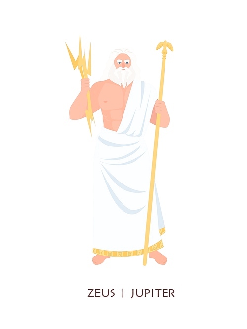 Zeus or Jupiter - main Olympian deity, god of sky, lightning, thunder from ancient Greek and Roman religion. Male mythological character with beard and thunderbolt. Flat cartoon vector illustration