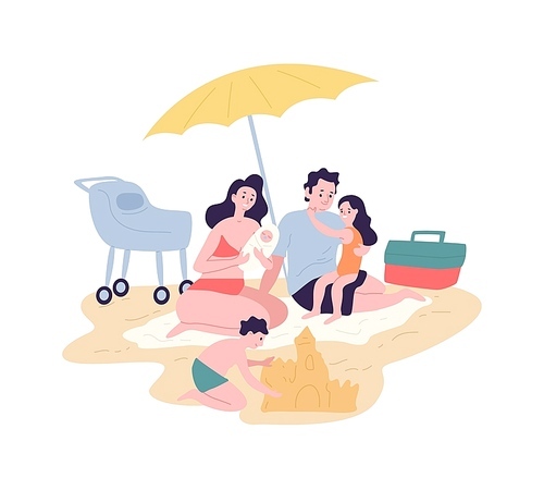 Cute happy family spending summer vacation at resort. Mother, father and children sunbathing and building sand castle on beach. Parents and kids having fun outdoors. Flat cartoon vector illustration