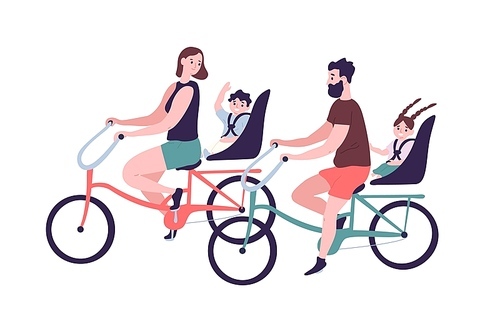 Happy family riding tandem bicycles or bicycling. Cute smiling mother, father and children on bikes. Parents and kids bicyclists performing sports activity outdoors. Flat cartoon vector illustration