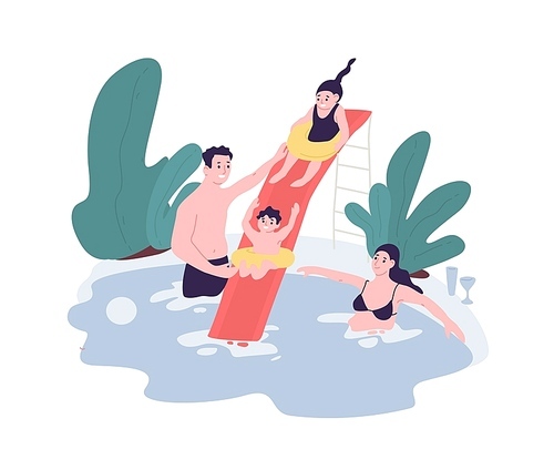 Cute family having fun at water park. Mom, dad and children spend time together in swimming pool. Leisure activity. Funny cartoon characters isolated on white . Flat vector illustration