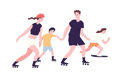 Adorable family on roller skates and skateboard. Mom, dad and children roller skating and skateboarding. Parents and kids performing recreational activity outdoors. Flat cartoon vector illustration