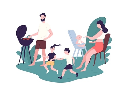 Happy family spending time at summer barbeque party. Funny mother, father and children performing recreational activities outdoors. Parents and kids at picnic. Flat cartoon vector illustration