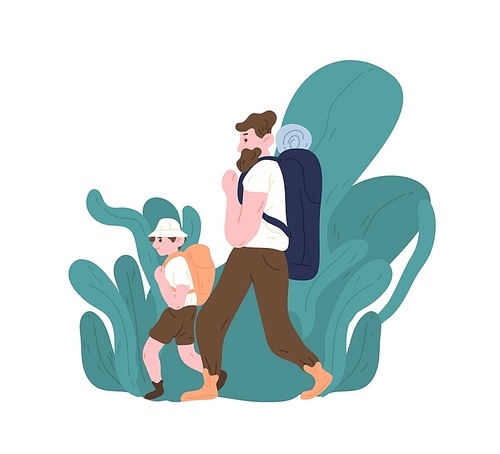 Dad and son with backpacks walking or hiking. Parent and child tourists travelling or backpacking. Family touristic activity. Happy fatherhood or parenting. Flat cartoon colorful vector illustration