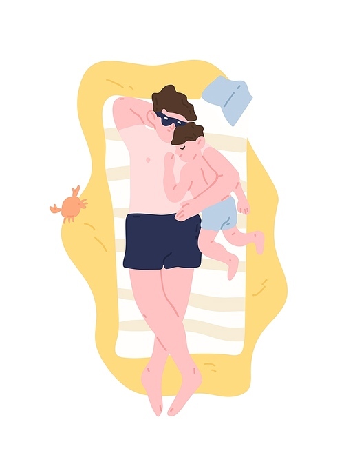 Cute dad and son lying on sand beach, relaxing and cuddling. Adorable father and child sunbathing at summer resort. Happy parenthood or fatherhood, family recreation. Flat cartoon vector illustration