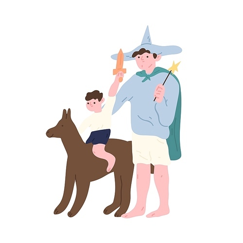 Cute funny dad and son wearing costumes of fairytale characters and playing. Adorable father and child spending time together. Happy parenting and fatherhood. Flat cartoon vector illustration