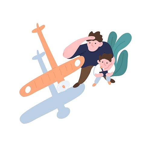 Father and son launch model aircraft. Dad and kid watching flight of toy airplane, aeromodel or glider. Parent and child enjoying outdoor leisure activity or hobby. Flat cartoon vector illustration